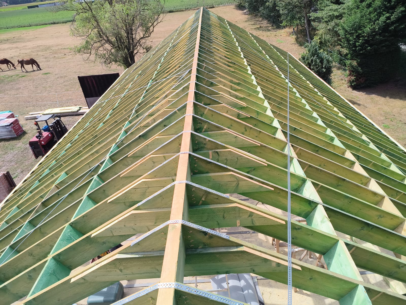 Nieuwe houten dakconstructie in opbouw